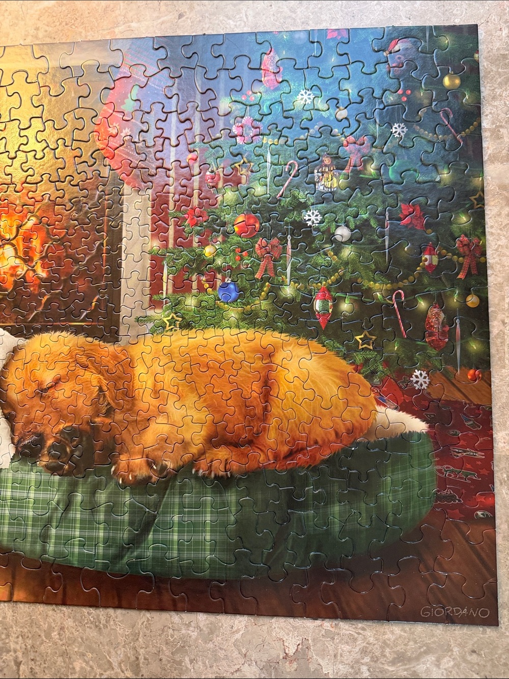 Holiday Dog Puzzle featuring Sleeping Puppy in Green Bed - Picture 3 of 7